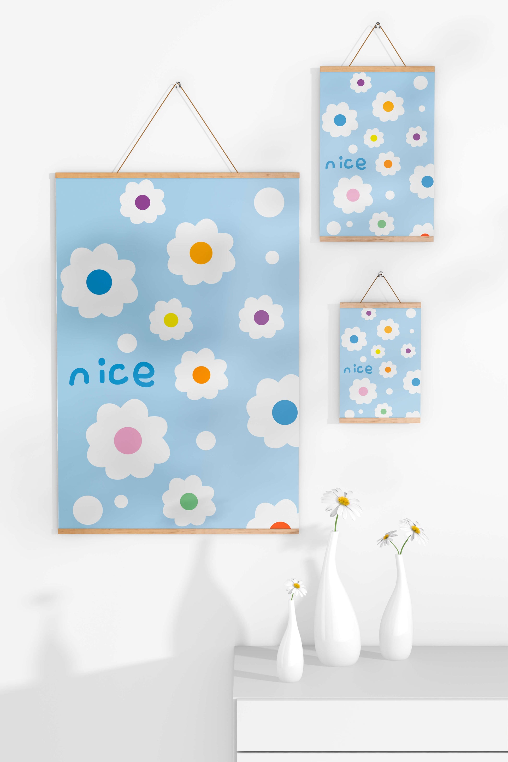 Pastel floral pattern with colorful centers on a blue background