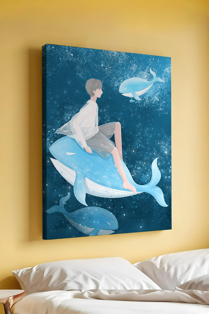 Fantasy illustration of person on blue whale in underwater scene