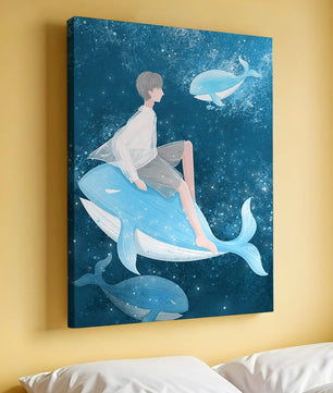 Illustration fantastique d'une personne sur une baleine bleue dans une scène sous-marine