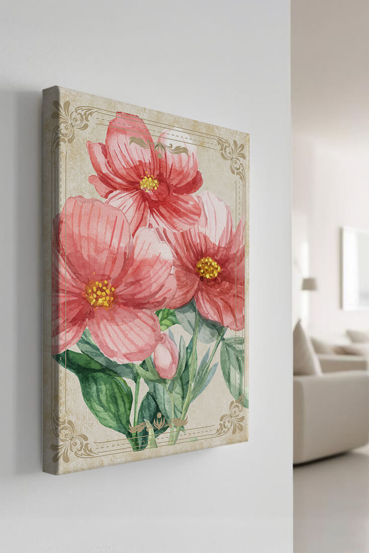 Watercolor floral illustration with pink blooms and green foliage