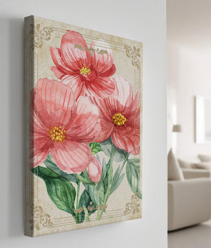 Watercolor floral illustration with pink blooms and green foliage