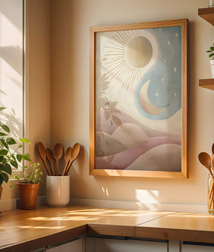 Minimalist landscape with sun, moon, and wolf in pastel hues