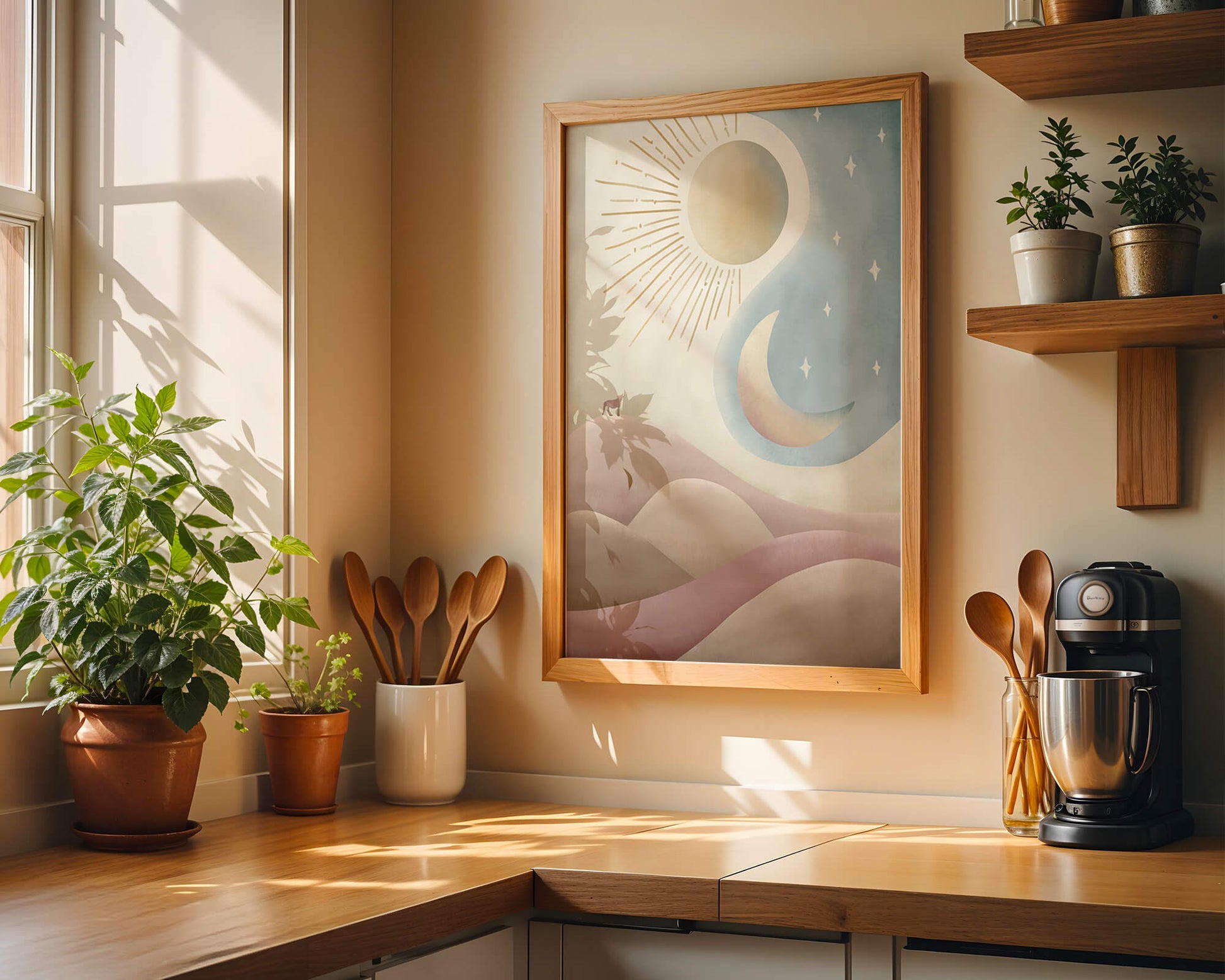 Minimalist landscape with sun, moon, and wolf in pastel hues
