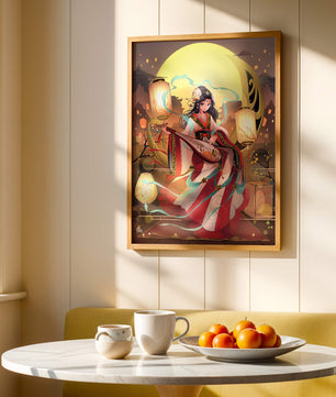 Traditional Asian woman playing musical instrument under moonlight