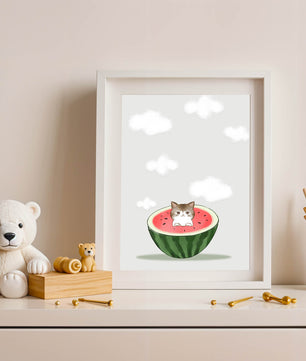Whimsical art of a kitten in watermelon with clouds