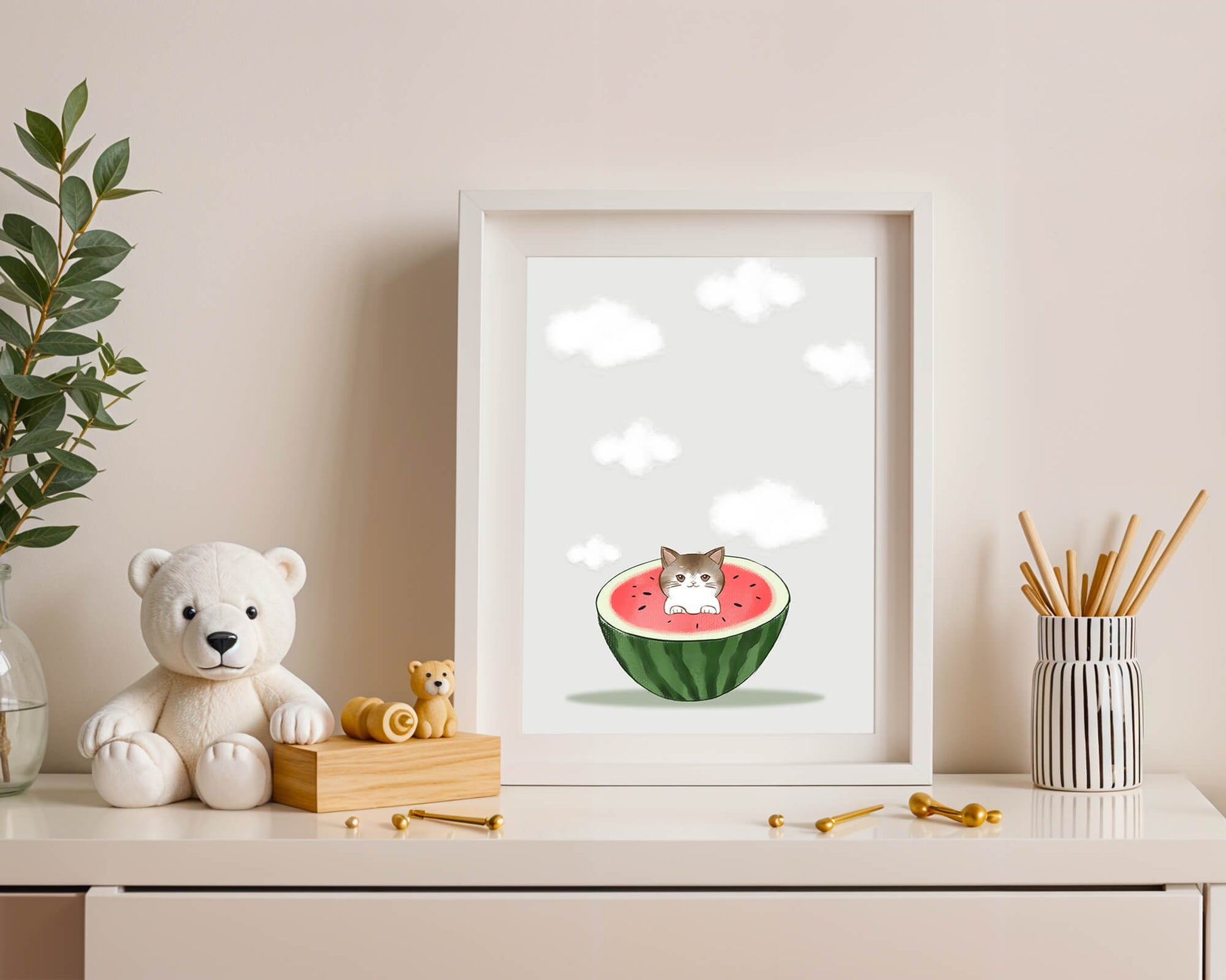Whimsical art of a kitten in watermelon with clouds