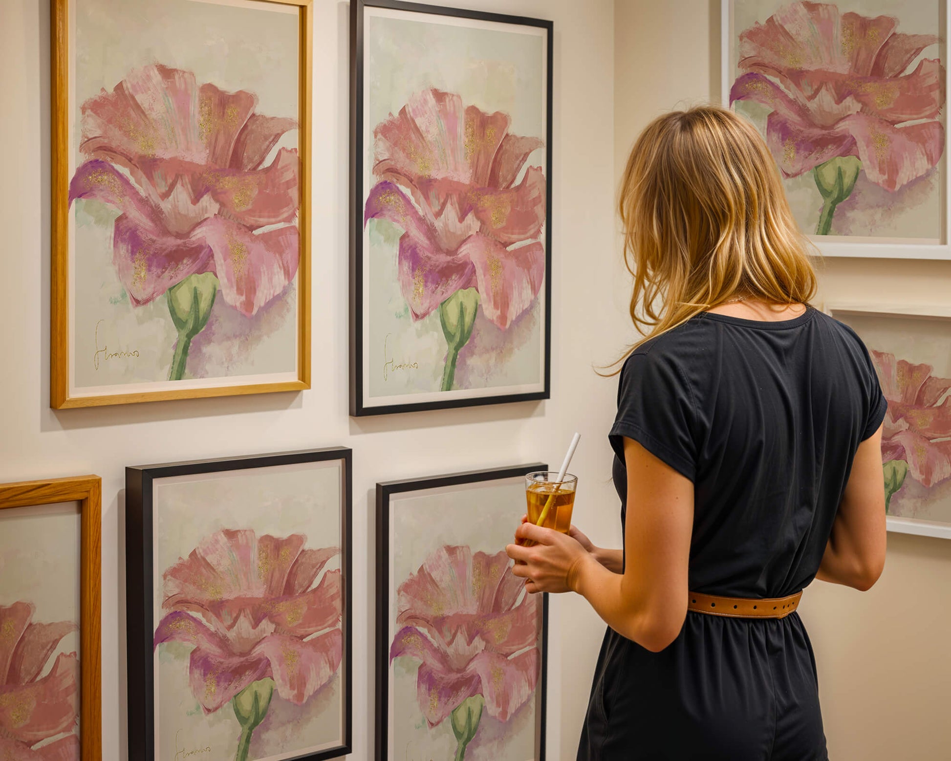 Beautiful pink flower painting with golden accents