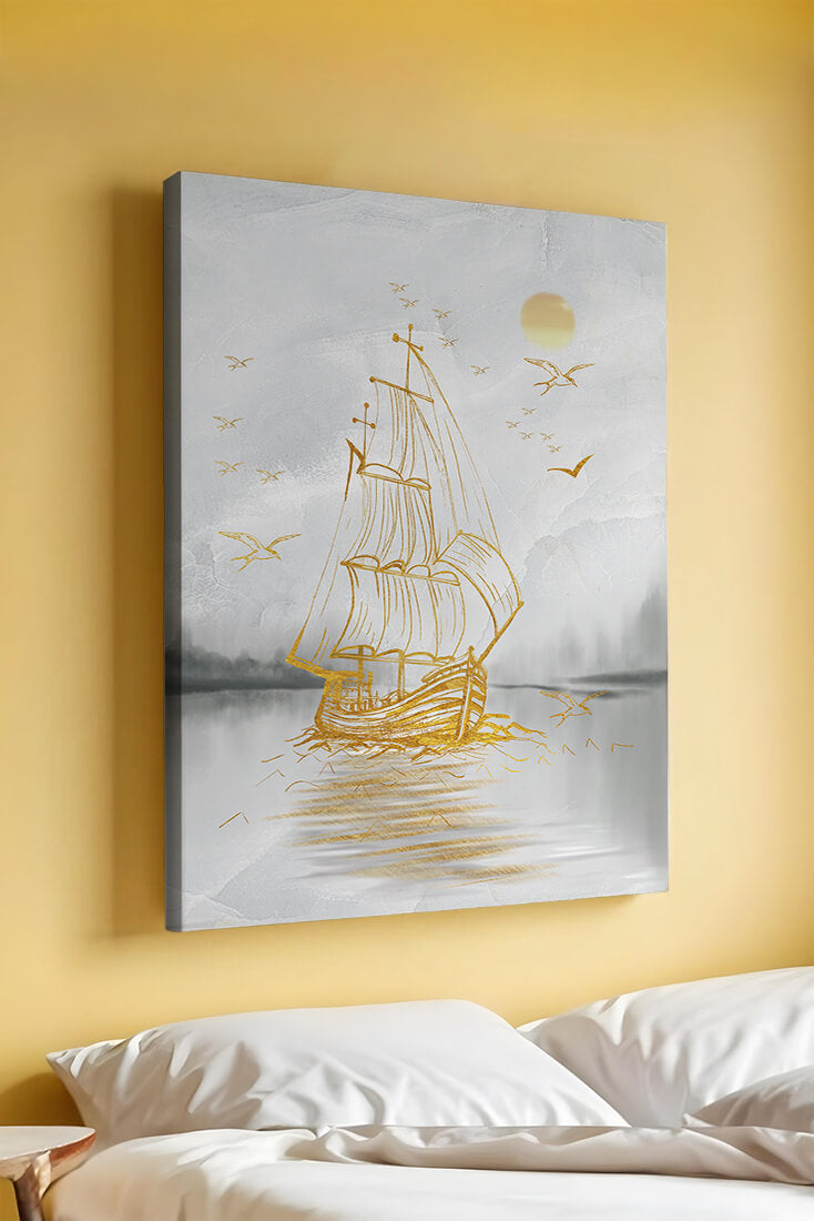 Serene nautical scene with golden sailboat at sea