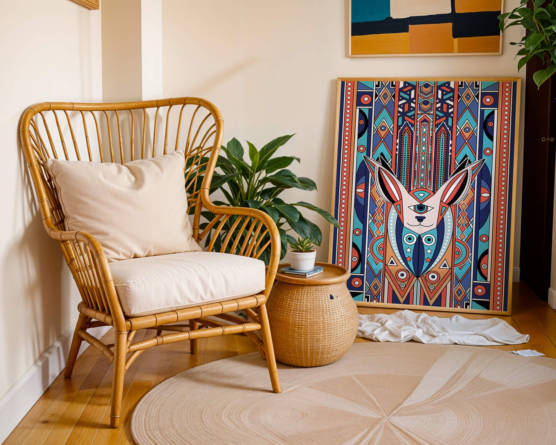 Diseño geométrico abstracto con motivo animal y patrones vibrantes