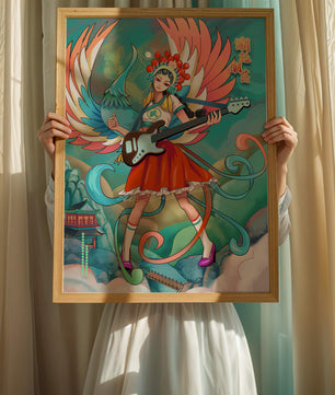 Fusión colorida de arte tradicional y moderno con un músico como protagonista