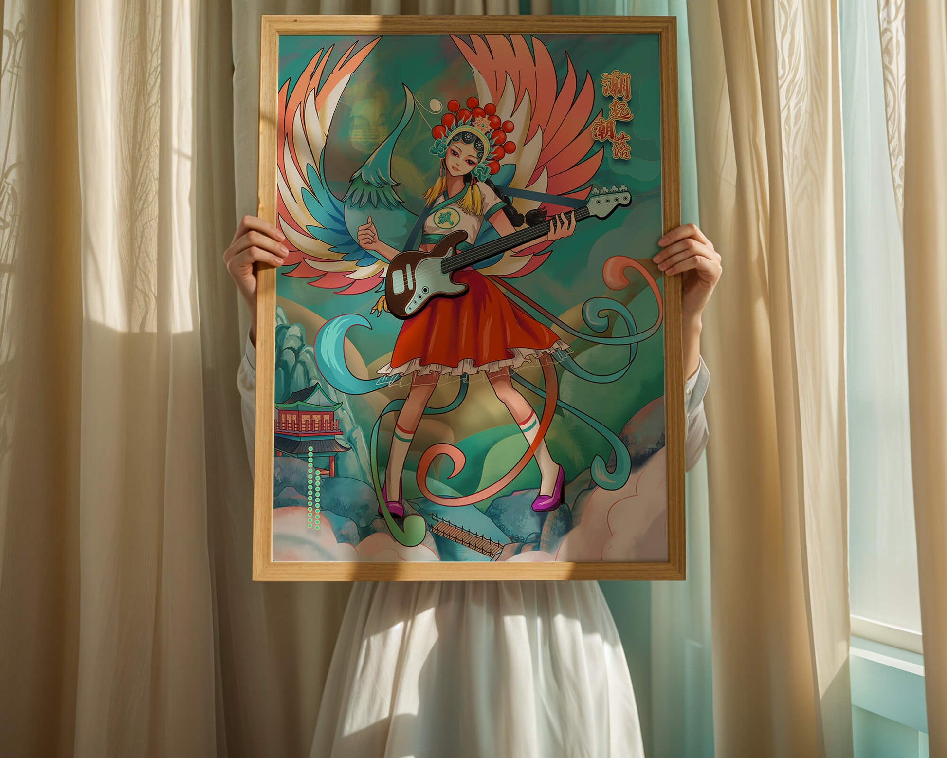 Colorful fusion of traditional and modern art featuring a musician