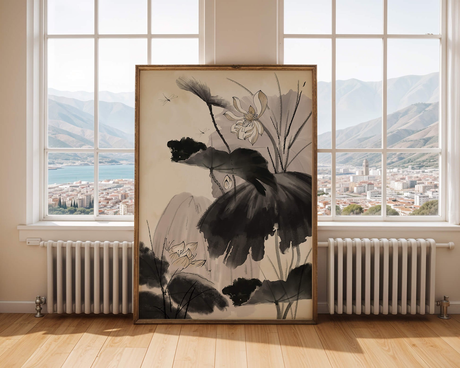 Ilustración botánica serena con flores de loto y libélulas