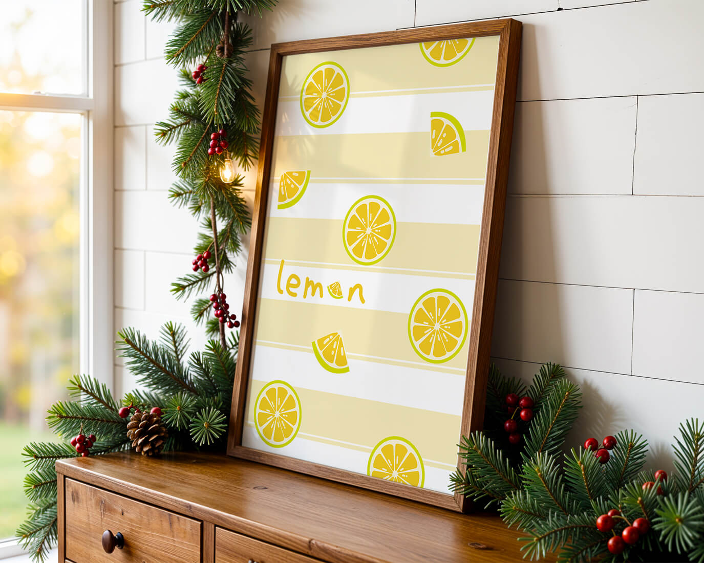 Yellow lemon slices pattern with bold stripes