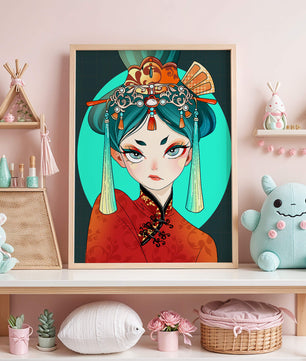 Elegant illustration of a woman in traditional attire with intricate headpiece