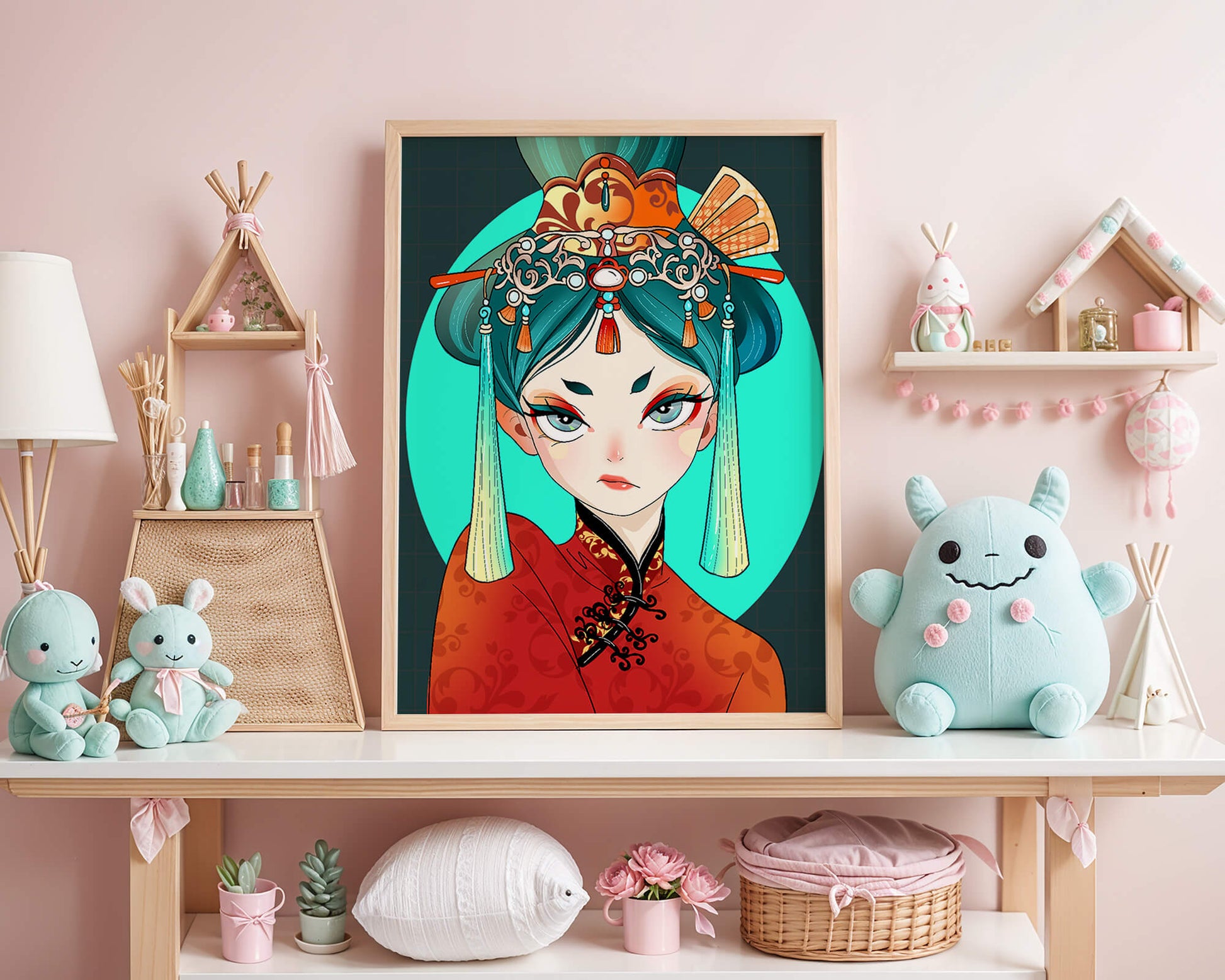 Elegant illustration of a woman in traditional attire with intricate headpiece