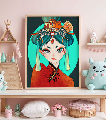 Elegant illustration of a woman in traditional attire with intricate headpiece