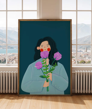 Illustration of a woman with purple flowers on a teal background
