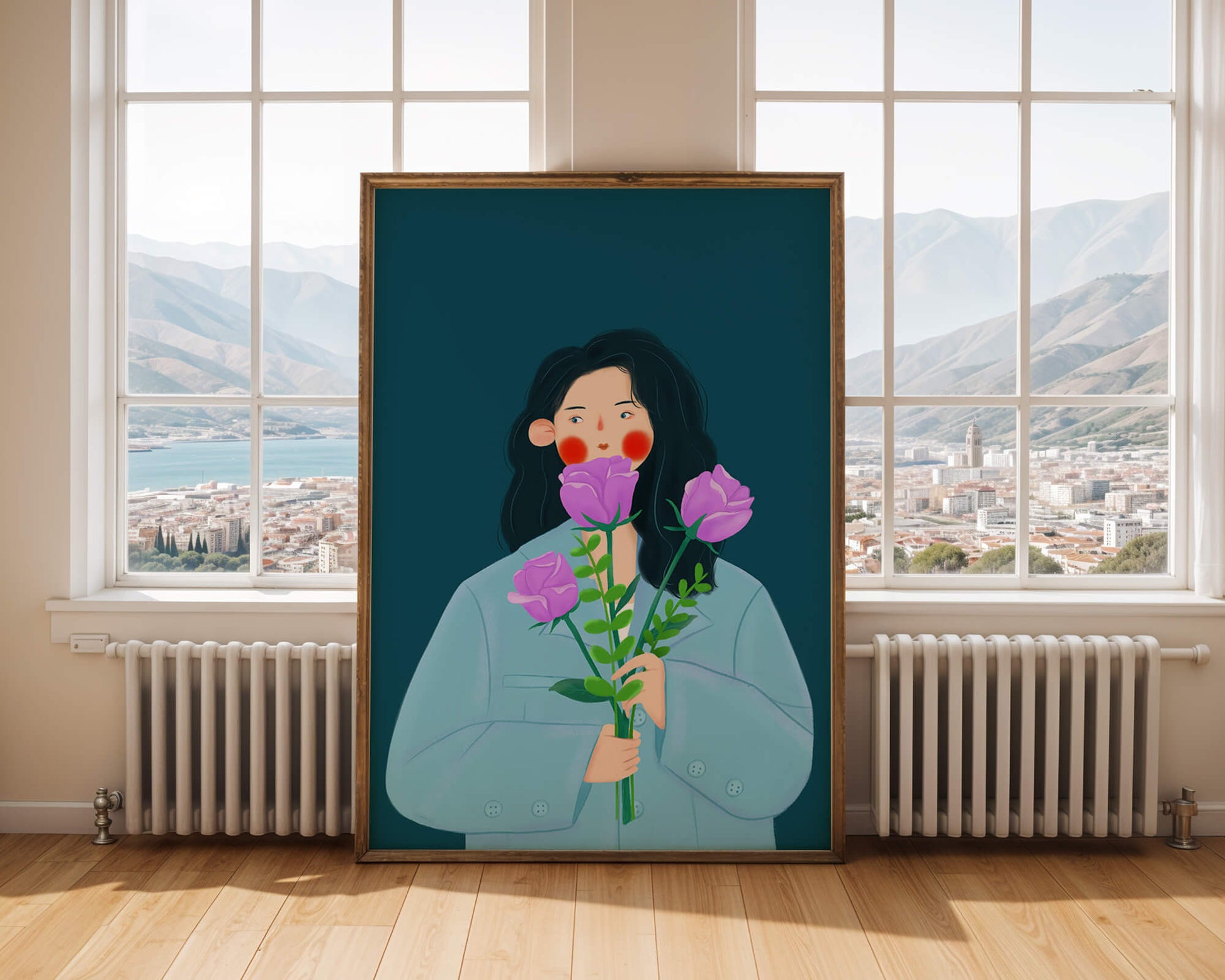 Illustration of a woman with purple flowers on a teal background