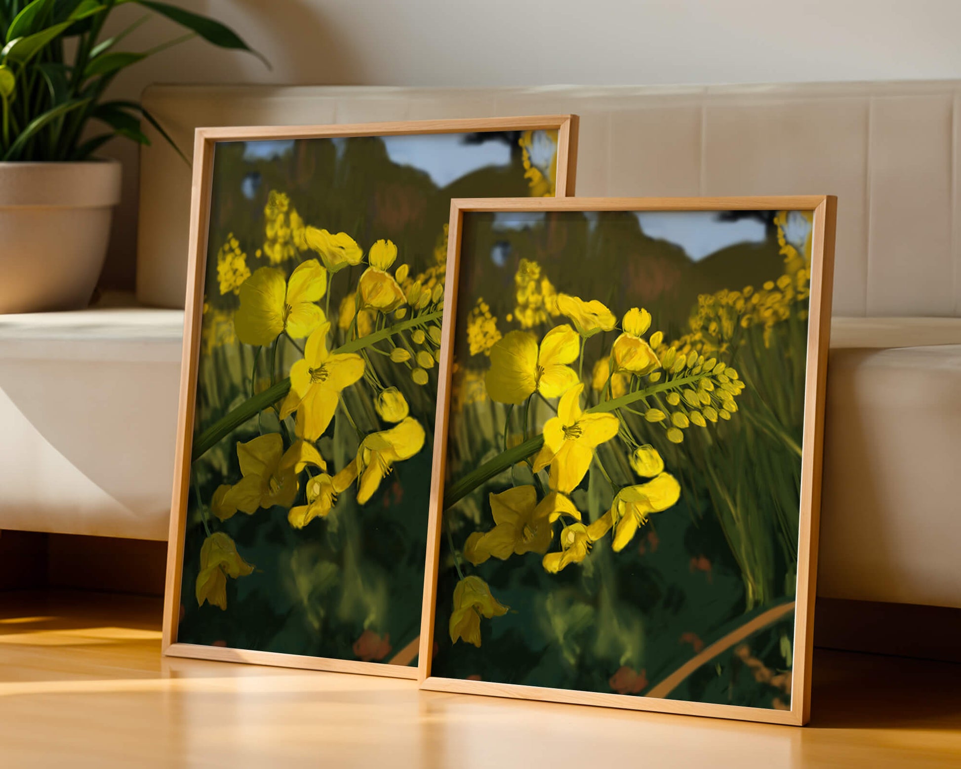 Close-up view of vibrant yellow flowers in a lush green field