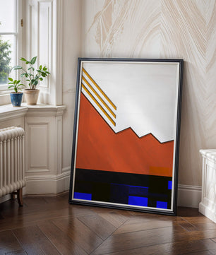 Abstrakte geometrische Komposition mit goldenen Akzenten und kräftigen Farben