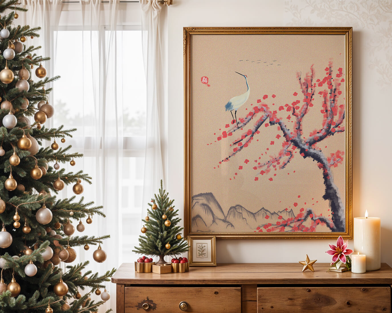 Elegant crane on cherry blossom tree with mountainous background