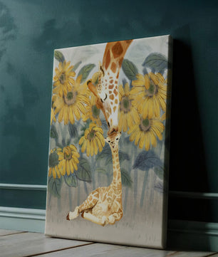 Pintura acuarela de jirafas y girasoles en una escena tierna de una familia de jirafas