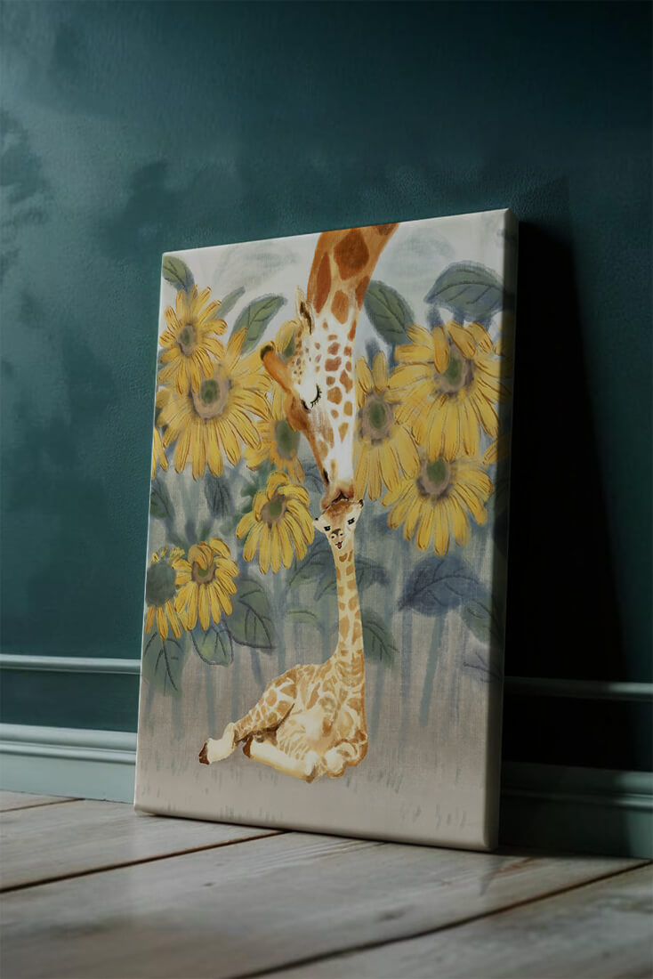 Giraffe and sunflowers watercolor painting of tender giraffe family scene