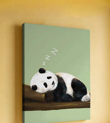 Peaceful panda resting on a log in a serene setting