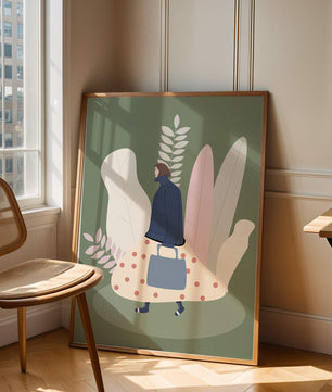 Illustrated woman in polka dot skirt with leafy background design