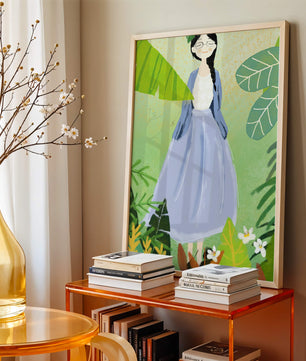 Serene illustration of a woman in nature with tropical leaves