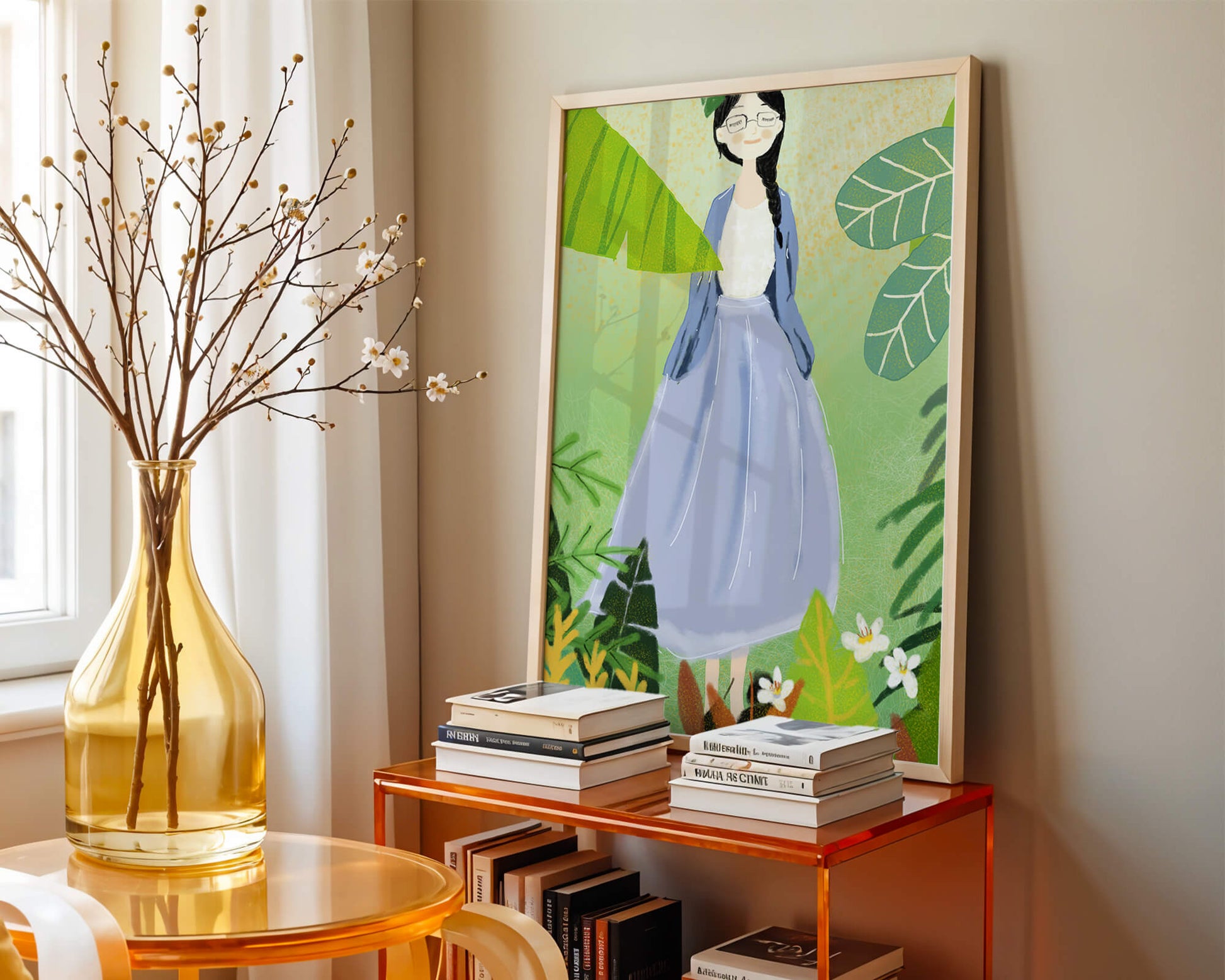 Serene illustration of a woman in nature with tropical leaves