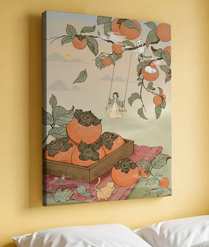 Paisaje caprichoso con naranjas y un niño columpiándose