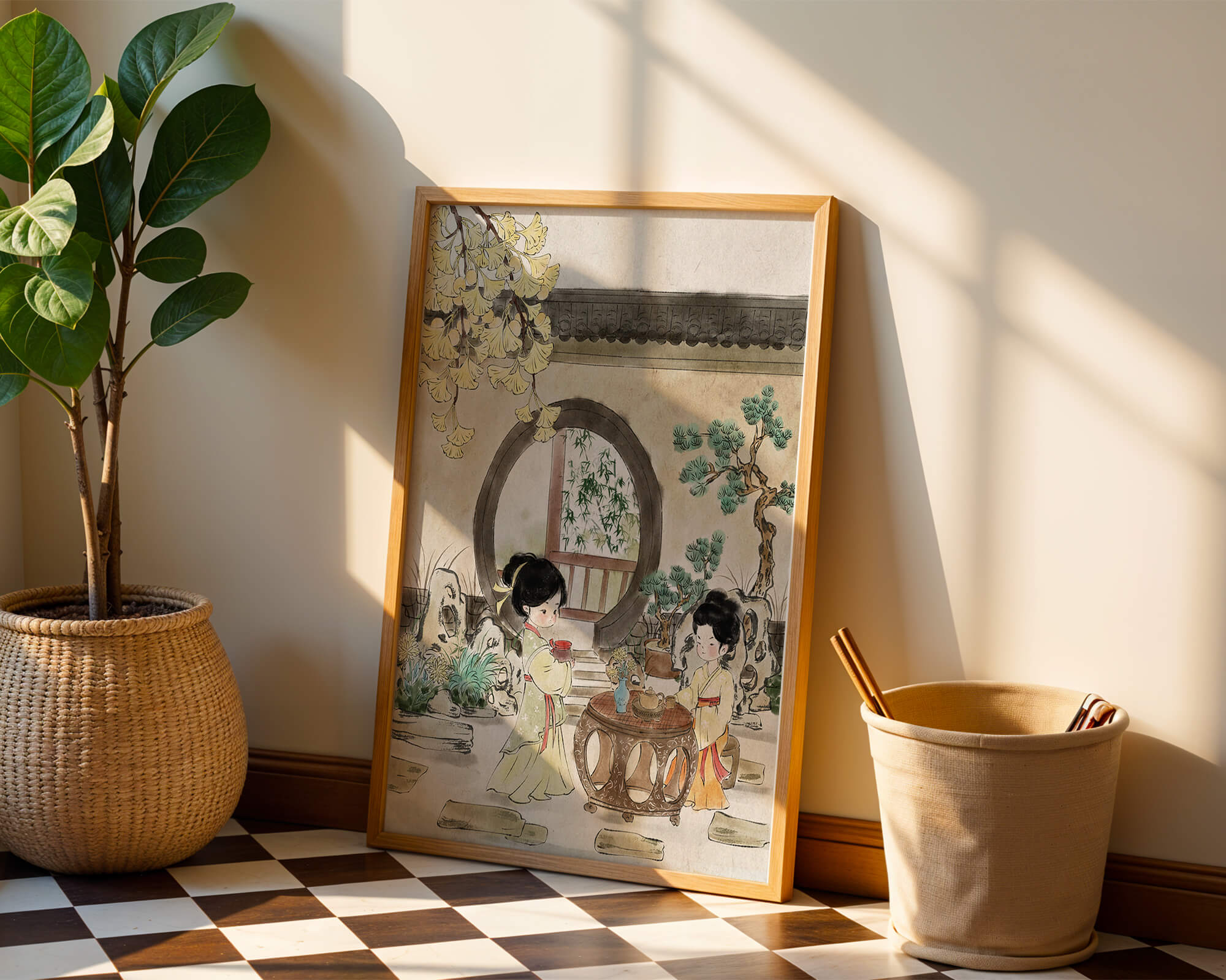 Serene traditional Chinese garden scene with women in elegant attire