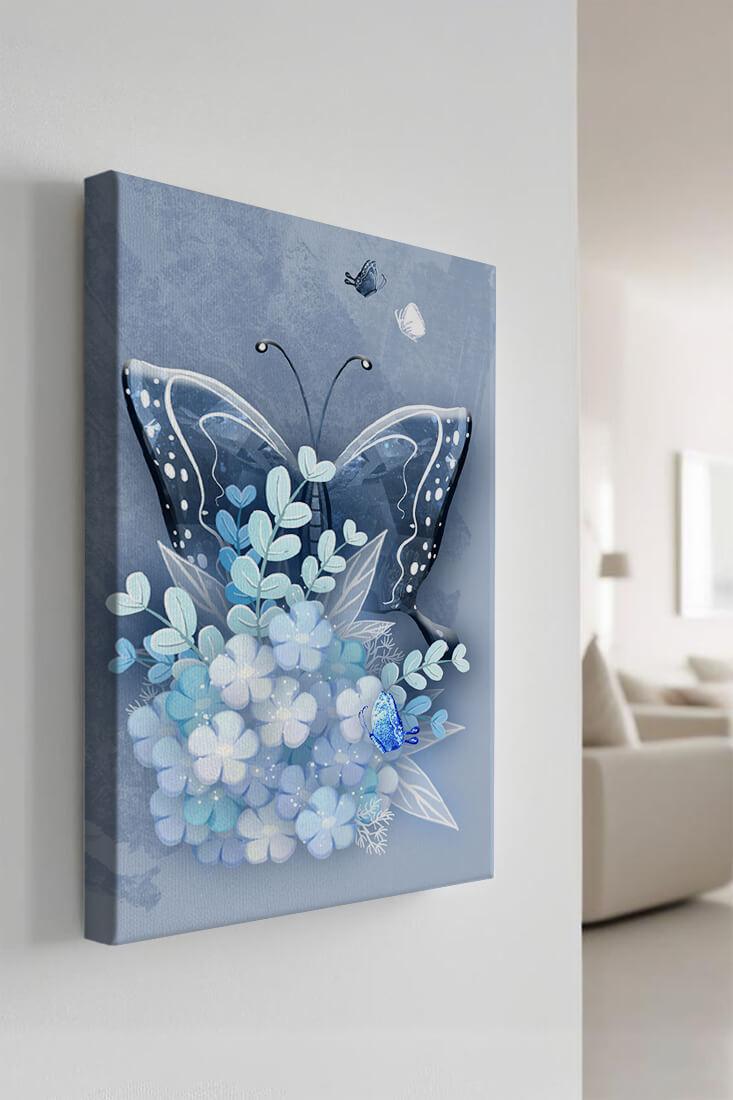Floral and butterfly digital artwork in calming blue shades