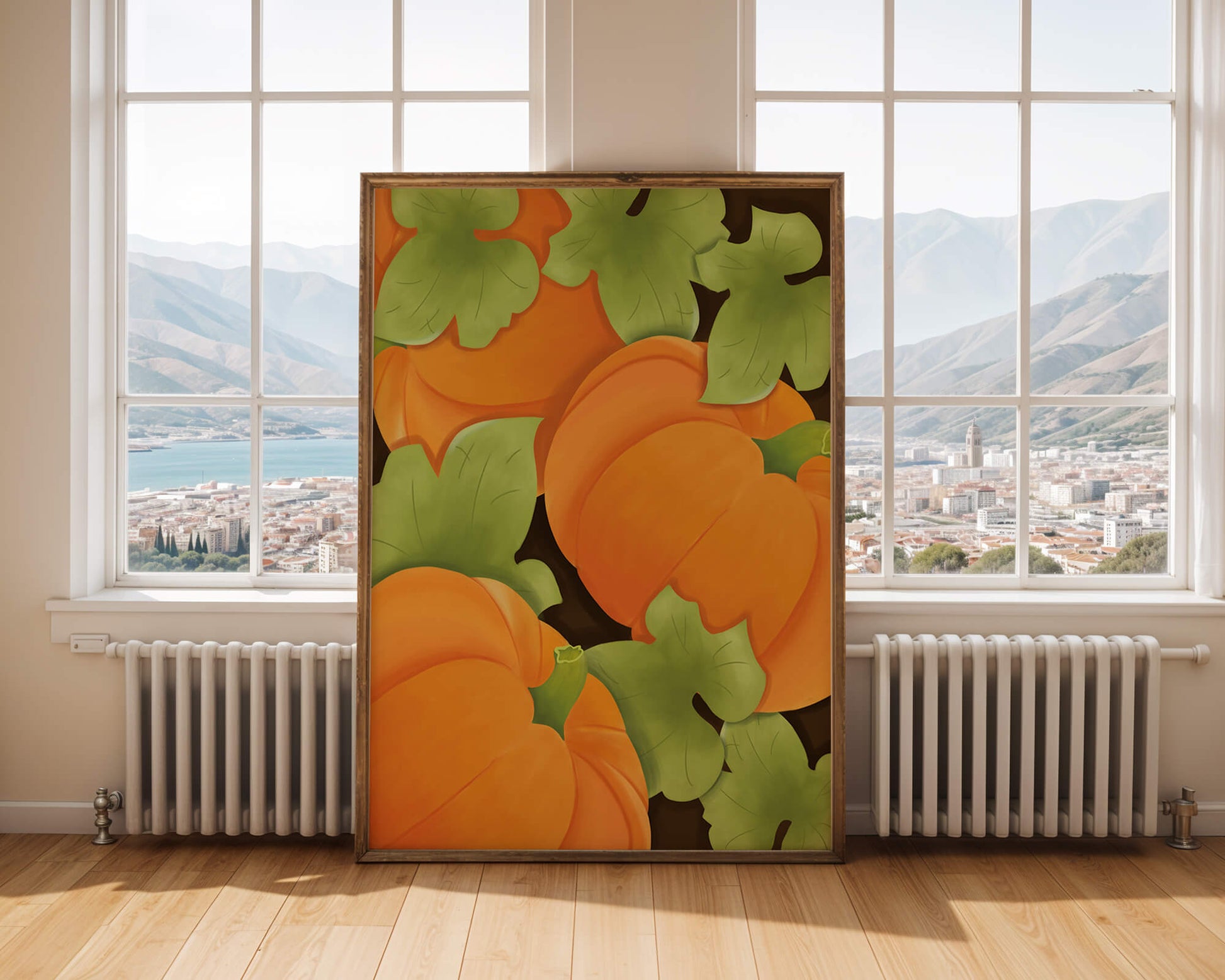 Colorful Pumpkin Pattern With Green Leaves