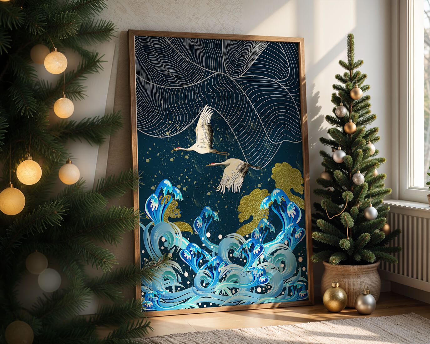 Elegant Cranes Flying Over Golden Waves and Artistic Ocean