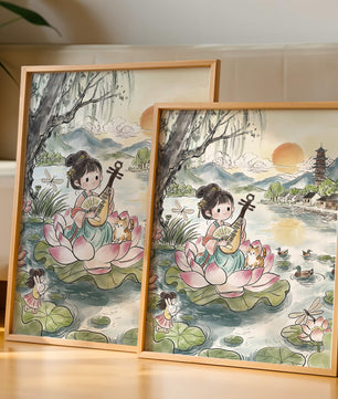 Traditional Asian Scenery with Girl Playing Instrument on Lotus Pond at Sunset
