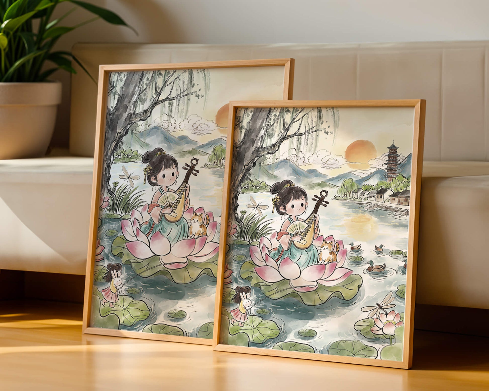 Traditional Asian Scenery with Girl Playing Instrument on Lotus Pond at Sunset