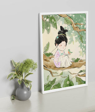 Serene illustration of a girl with a bird in a tree