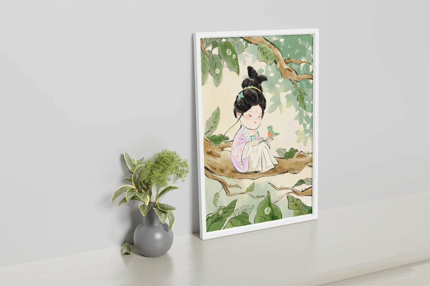 Serene illustration of a girl with a bird in a tree