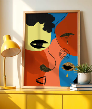 Abstract faces with vibrant colors and gold accents