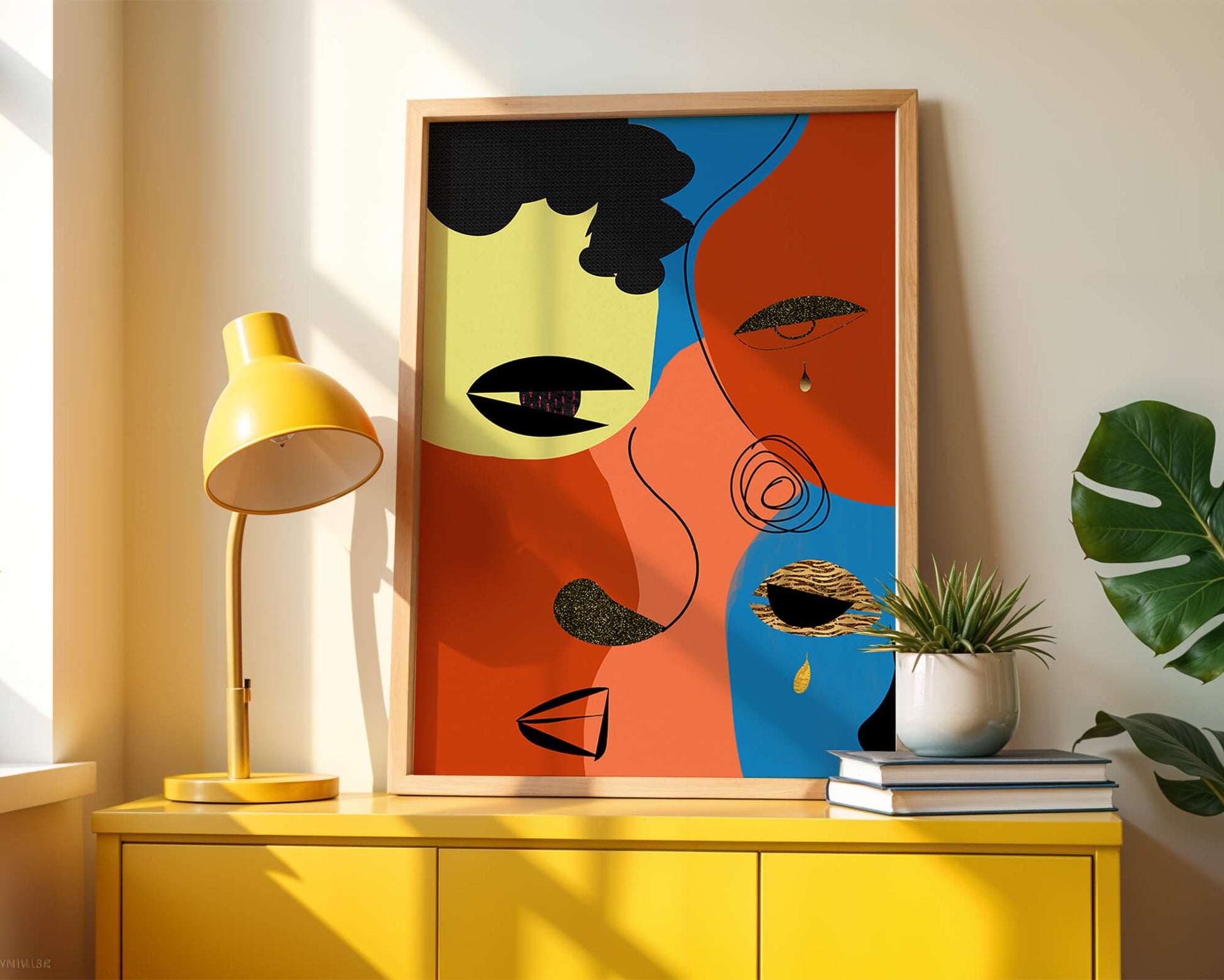 Abstract faces with vibrant colors and gold accents