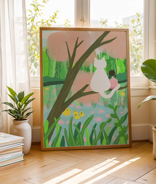 Encantadora ilustración al pastel de una niña y un gato junto a un estanque tranquilo