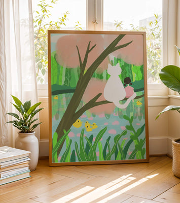 Charming Pastel Illustration of Girl and Cat by a Tranquil Pond