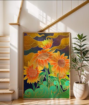 Vibrant sunflowers with intricate background patterns