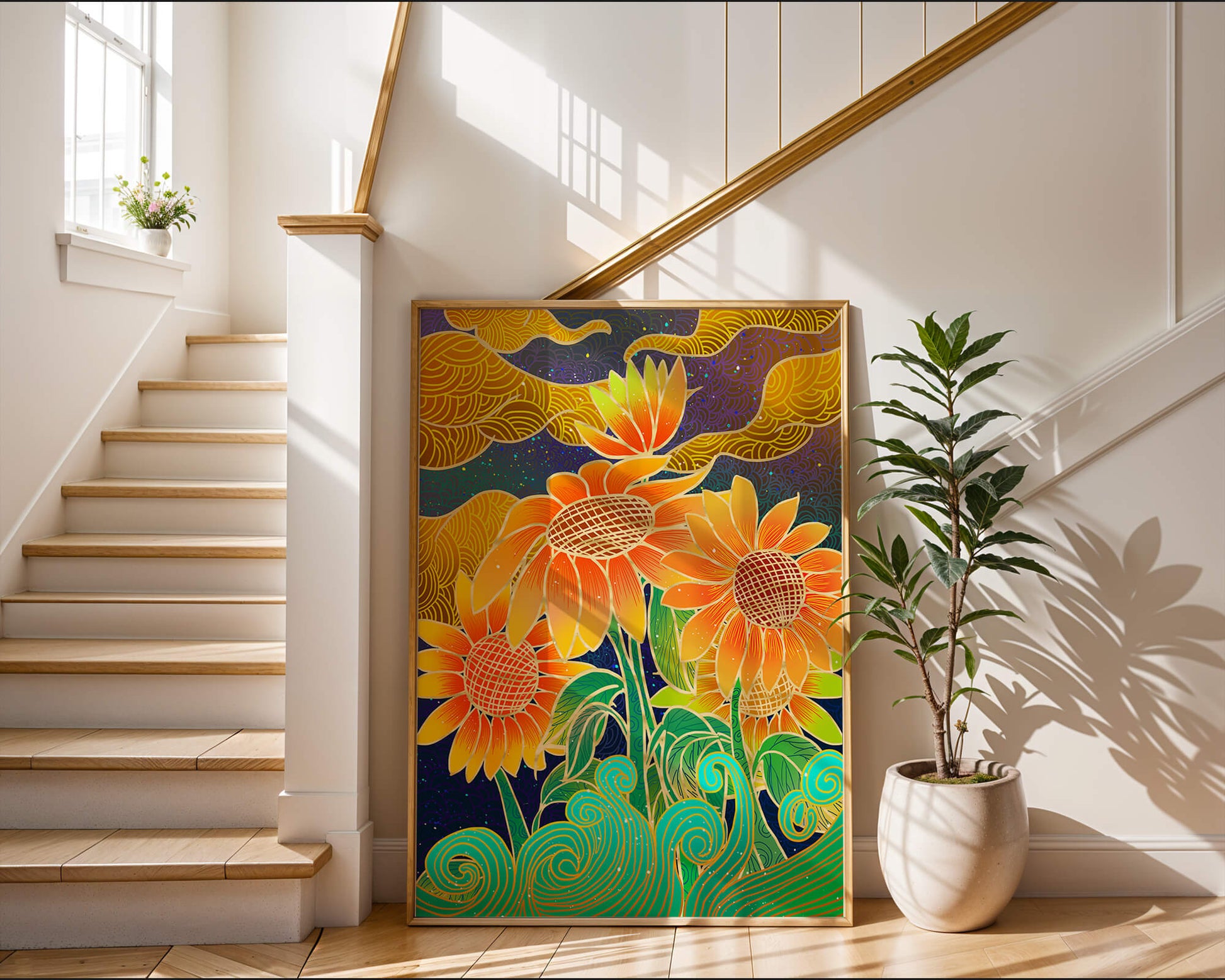Vibrant sunflowers with intricate background patterns