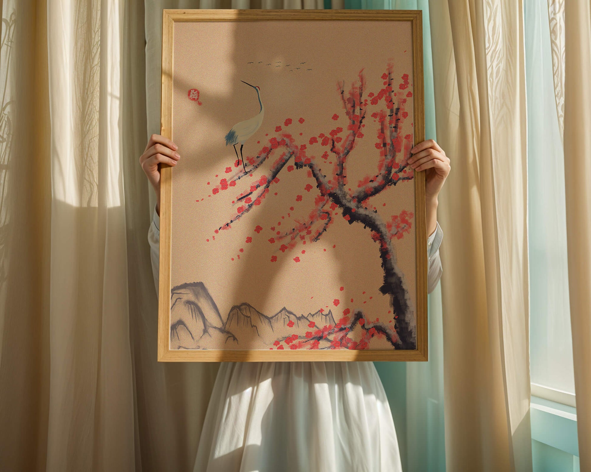 Elegant crane on cherry blossom tree with mountainous background
