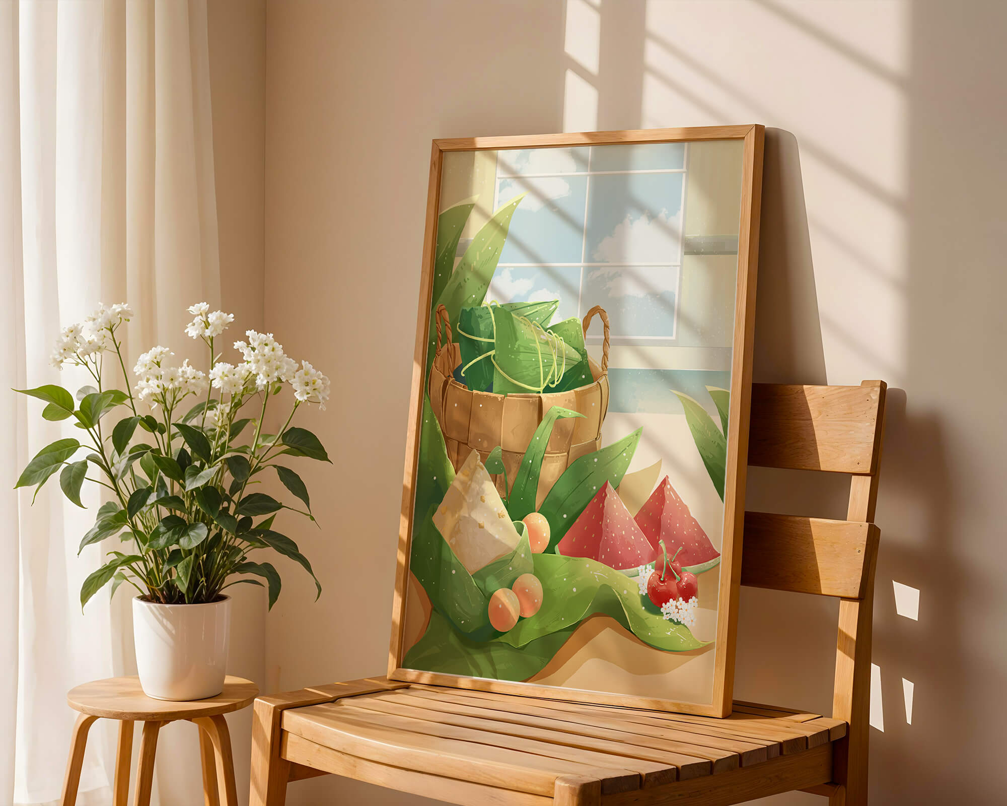 Serene kitchen scene with basket of fruits and leaves