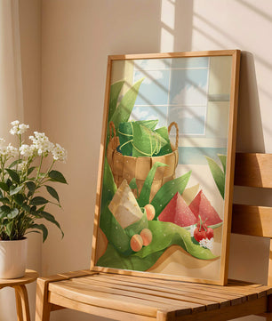 Scène de cuisine sereine avec un panier de fruits et de feuilles