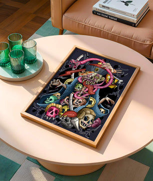 Colorful skeleton with skulls and snake illustration